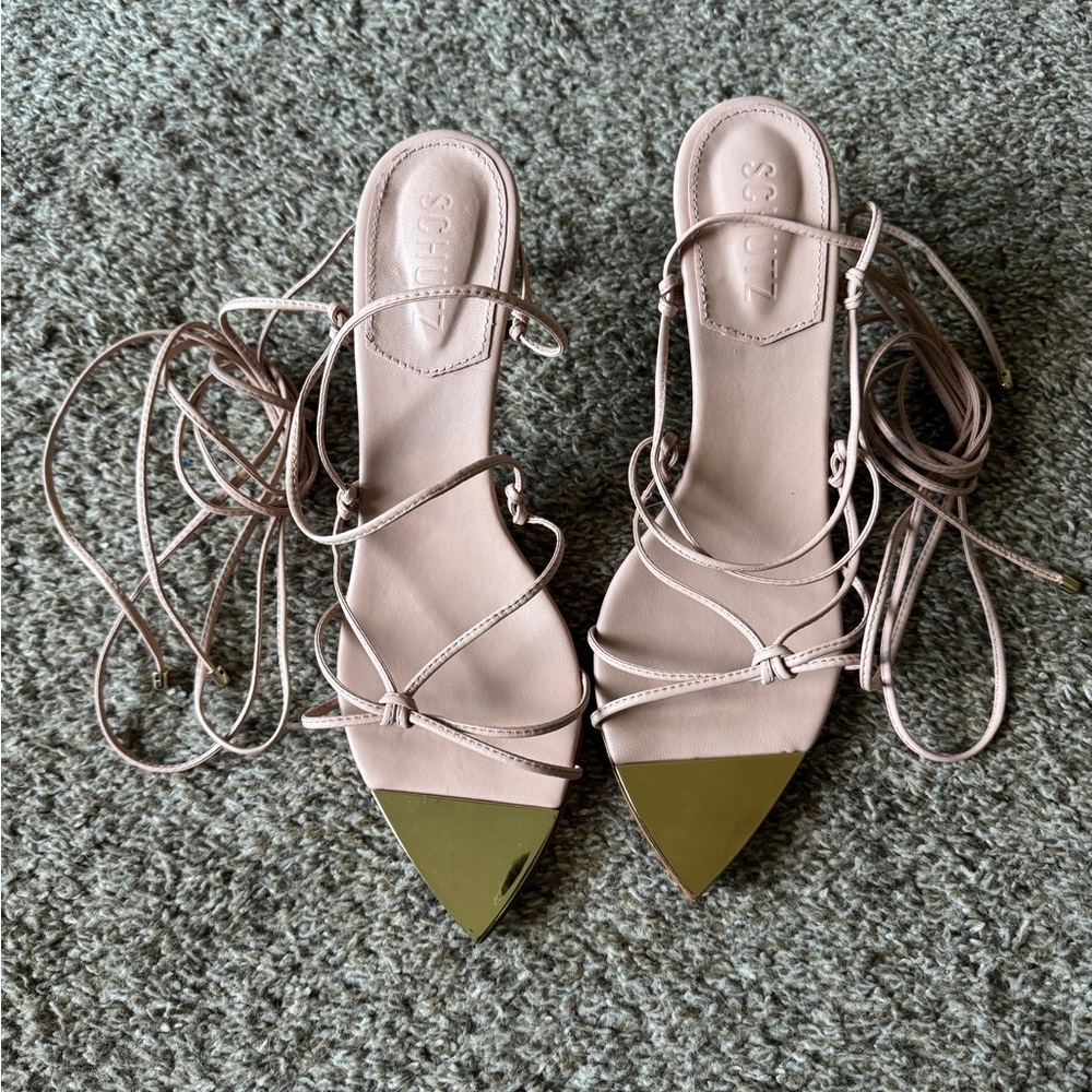 Schutz Gold Pointed Toe Lace-Up‎ Beige Pink Strappy Heels Size 8.5 Leather